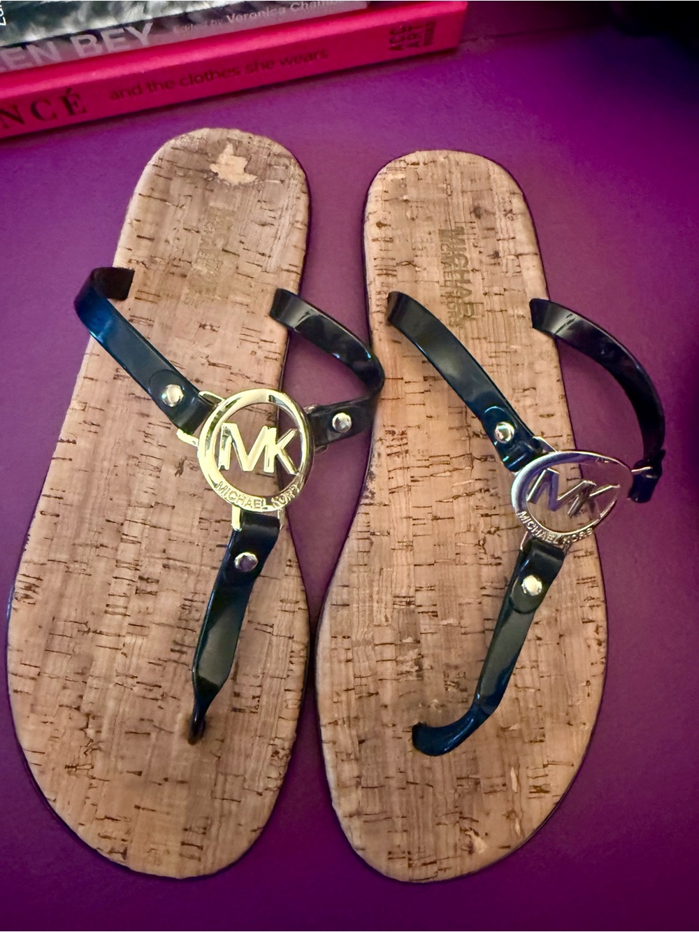 Michael Kors Black Jelly Logo Toe-Post Sandals with Gold MK Emblem